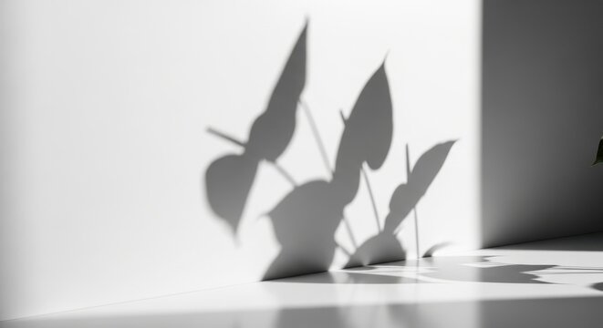 Defined shadows of anthurium plant leaves cast on a bright white surface, creating a striking monochrome abstract graphic.