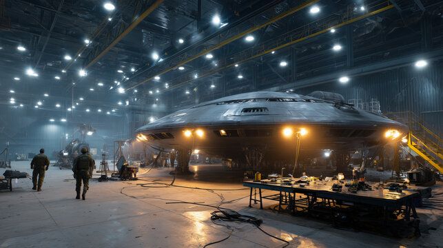 Military Personnel Examine UFO in Secret Hangar During Nighttime Operations