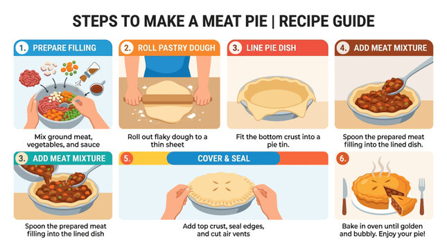 A colorful infographic showing six clear steps for preparing a homemade meat pie with dough and savory cooked ingredients