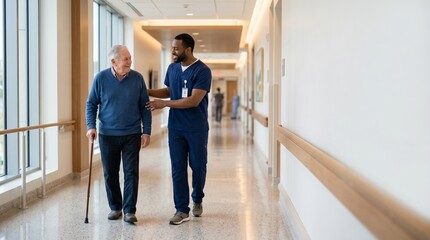 Fototapeta premium Friendly male nurse in blue scrubs assisting an elderly man with a walking cane in a bright hospital hallway