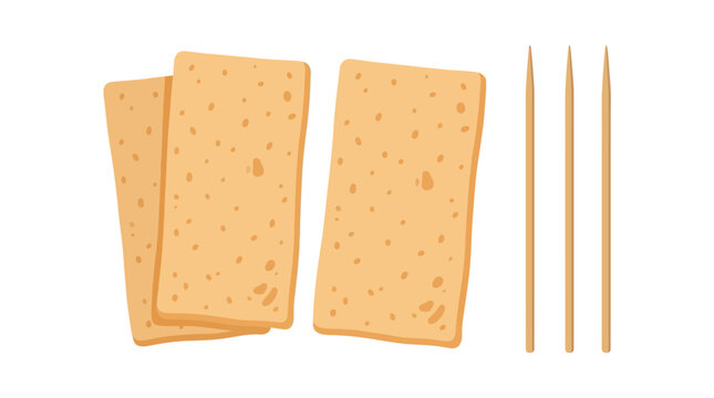 Three rectangular crispy wheat crackers arranged neatly beside three thin wooden toothpicks as a simple snack food set illustration