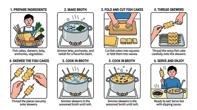 An illustrated instructional guide showing the step by step process for preparing traditional korean fish cake skewers at home easily