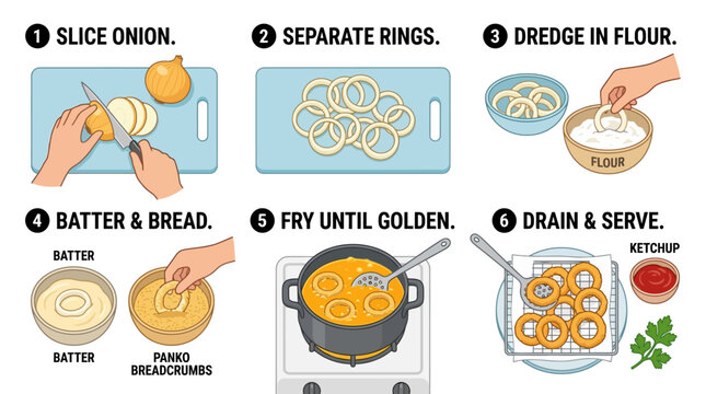An illustrated step by step guide showing how to prepare and cook delicious crispy golden onion rings at home easily