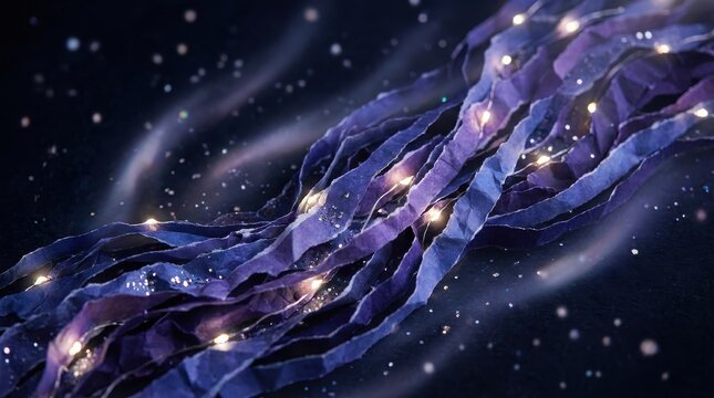 Indigo and violet paper nebulae with glowing cosmic stars and swirling galaxy elements