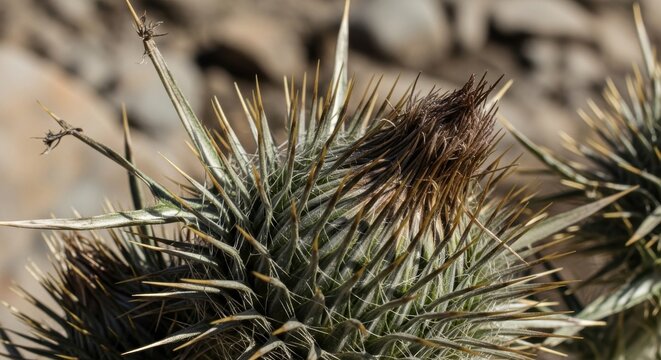 Macro view of a spiky thistle bloom's bracts showcasing intricate natural texture and detail