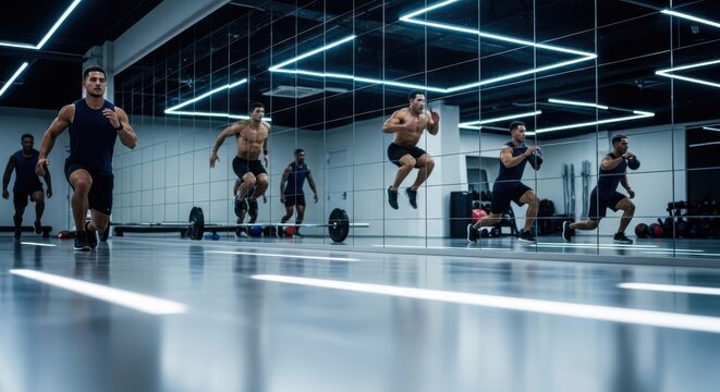 Muscular athletes performing high-intensity jump exercises in a modern athletic training facility with reflective walls and bright lighting.