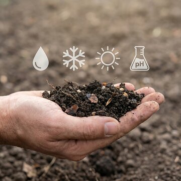 Hands holding soil with environmental factors icons above