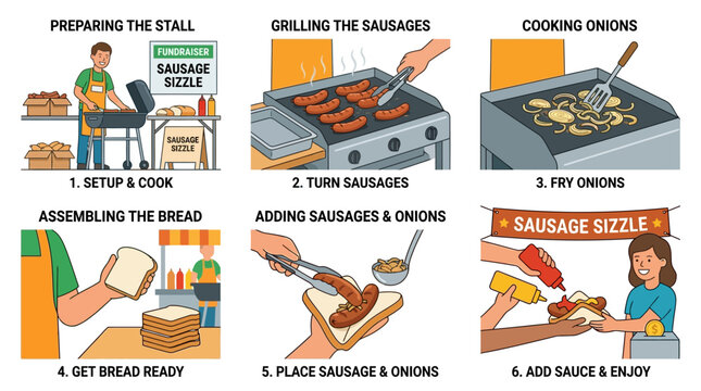 An illustrated instructional guide showing the step by step process of preparing and serving a traditional grilled sausage sizzle meal