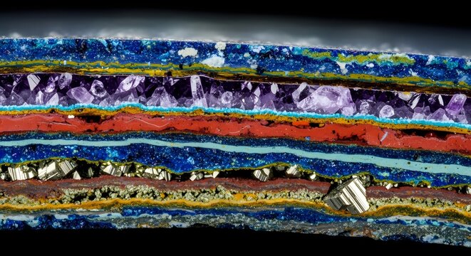 Colorful layered mineral cross section with amethyst and pyrite crystals