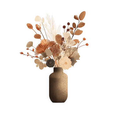 Autumn floral arrangement in a rustic vase isolated on transparent background