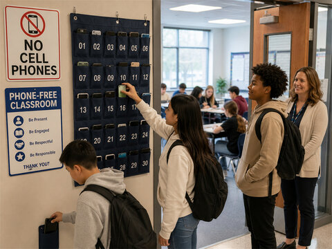Phone free classroom hallway with students placing devices in lockers and signs promoting focus social connection school rules safety and distraction free learning environment for modern campuses