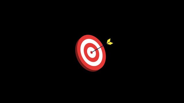 Animated arrow hitting bullseye target symbolizing achievement, success, goals, accuracy, strategy, and business objectives on transparent background.