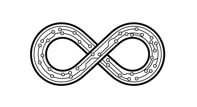 Black infinity symbol with circuit board pattern on white background
