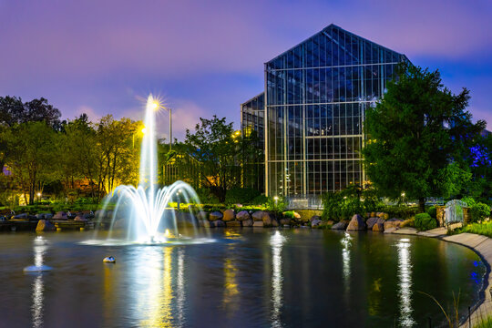 Sinnissippi Gardens Fountains Illuminated at Night in Rockford Illinois