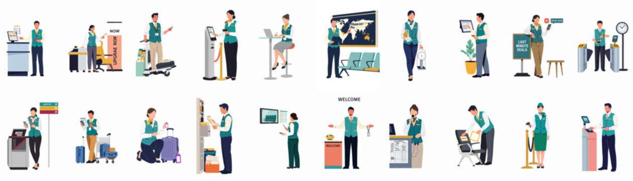 Comprehensive Set of Airport Ground Staff and Airline Employee Illustrations Performing Various Tasks at the Terminal