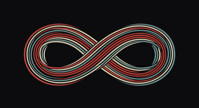 Infinity symbol made of colorful, overlapping, textured stripes on black