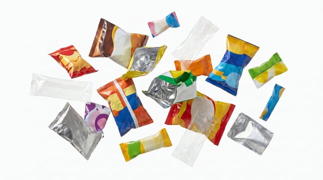 Colorful unbranded snack packaging bags floating and falling on white background.