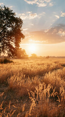 Fototapeta premium Golden Sunset Meadow with Swaying Grass in Warm Light,夕陽に染まる草原と風になびくススキの自然風景