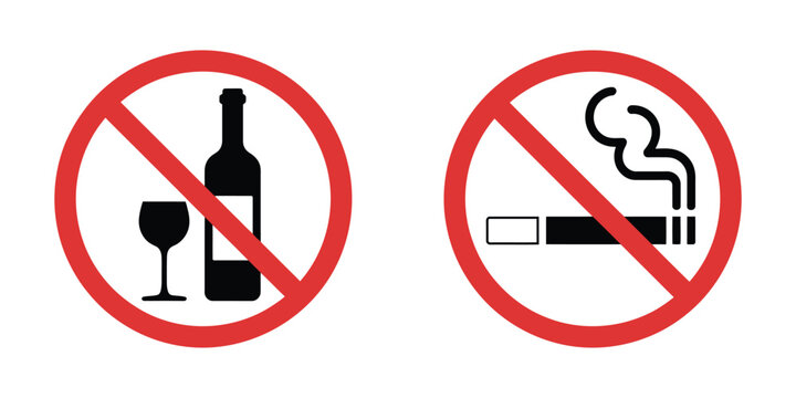 No Alcohol and No Smoking Prohibition Signs for Health Safety Rules and Restricted Behavior Vector Illustration