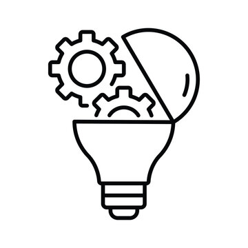 creative technology icon, technical innovation concept, open light bulb with gears, ideas future, thin line symbol on white background - editable stroke vector illustration