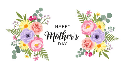 Naklejka premium Floral Mother's Day Greeting Card with Colorful Flowers and Leaves