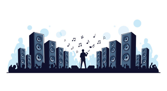 Silhouette of a male singer performing on a concert stage surrounded by large speaker stacks and many musical notes.
