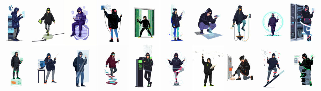 Set of Diverse Hacker Characters Engaged in Various Cyber Security Activities, Data Breaches, and Digital Operations in a Stylized Modern Illustration Style