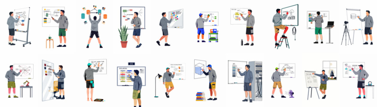 Set of illustrations showing a male software architect designing system architectures, APIs, and microservices on whiteboards in different professional office environments.