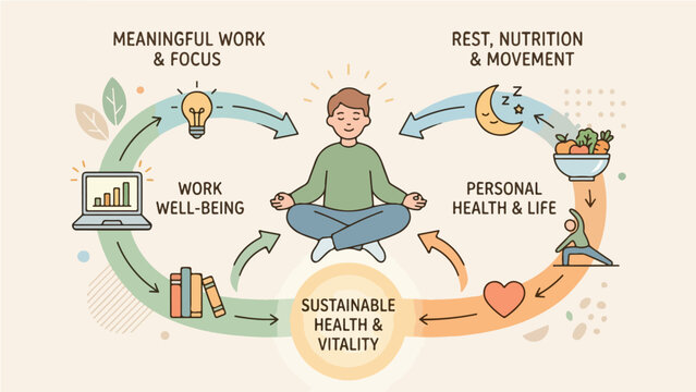 Sustainable Health and Vitality Cycle Infographic, Flat Illustration of Meditating Man Surrounded by Work Wellbeing Focus Rest Nutrition Movement and Personal Health Loop Diagram Wellness Lifestyle