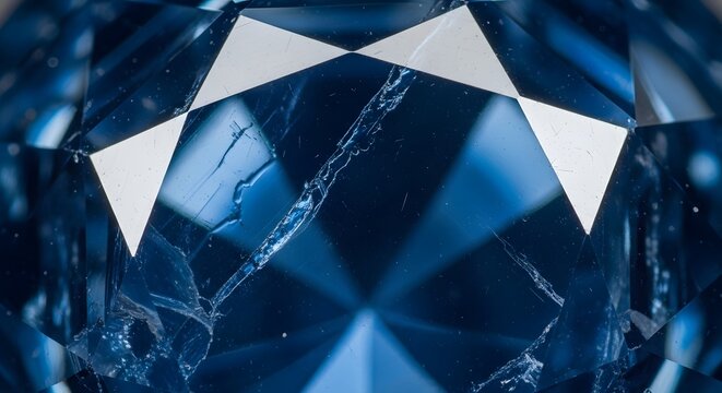 Faceted blue sapphire gemstone showing internal inclusions and sharp facets