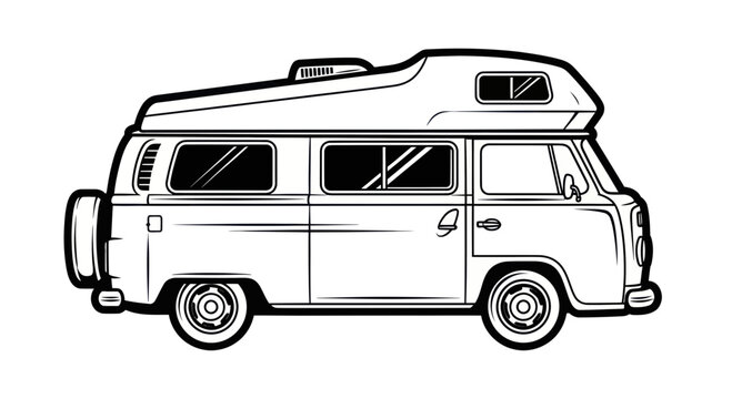 Vintage Camper Van Line Art Drawing, Retro Van Life Illustration, Outdoor Adventure Vehicle