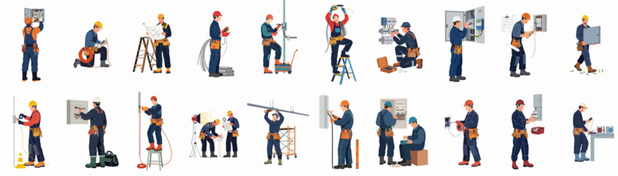 Comprehensive collection of professional electricians performing various electrical installation, maintenance, and repair tasks in a flat illustration style.