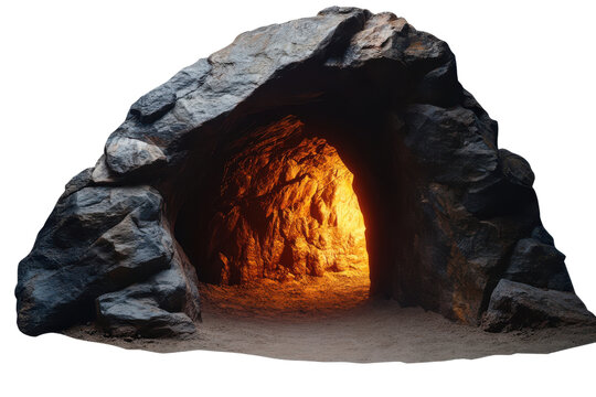 Glowing Underground Cave Entrance With Rocky Arched Formation Illuminated By Warm Light, Png Isolated On White, Transparent Background