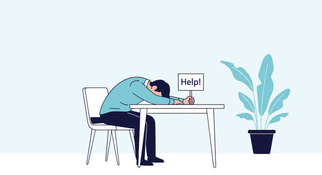 Overworked and exhausted man leaning his head on his desk while holding up a small sign that says Help in an empty blue room.