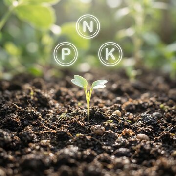 Young seedling growing in nutrient rich soil with NPK fertilizer symbols