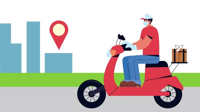 Delivery man wearing medical mask and gloves riding red scooter with gift box on city background.