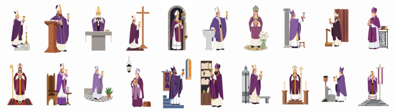 Collection of 20 Catholic Bishop Illustrations in Purple Vestments Performing Liturgical Rituals and Holding Chalices in Various Church Settings