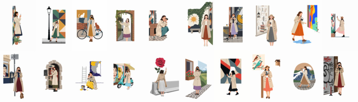 Collection of flat illustrations of a woman in a trench coat photographing urban and natural scenes with a camera and smartphone.