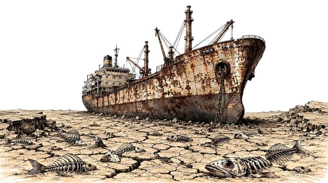 Abandoned Cargo Ship Resting on Dry Cracked Earth with Fish Skeletons Surreal Climate Crisis Concept for Environmental Awareness Campaign