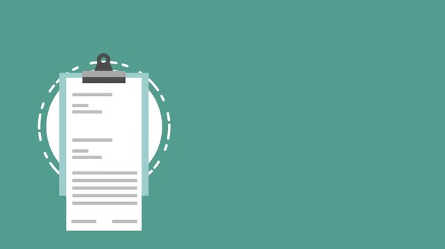 A motion graphic animation of a clipboard with documents expanding and contracting on a solid green background.