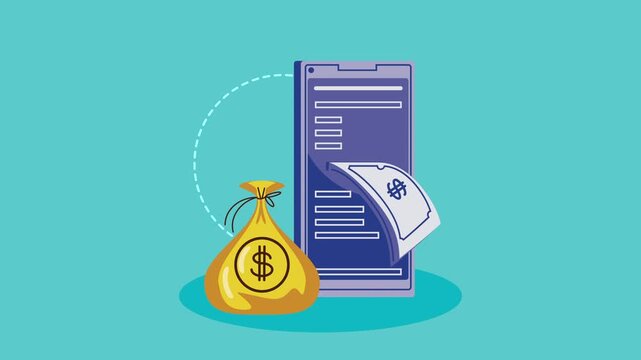 Online banking application motion graphic showing money bag and digital transaction on smartphone screen.