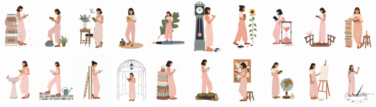 Collection of 18 vector illustrations of a young woman engaged in activities like reading, writing, and art, exploring themes of time and focus.