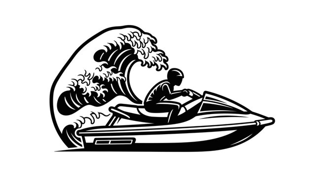 Jet ski rider in silhouette against a stylized breaking wave