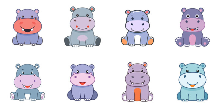 Multiple vector illustrations of cute hippos