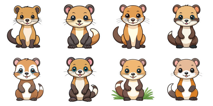 Multiple vector illustrations of cute weasels