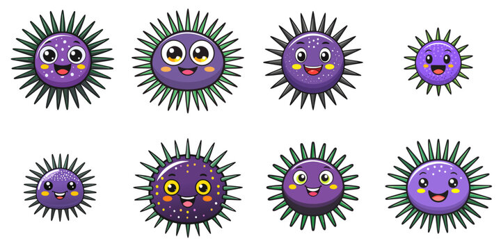 Multiple vector illustrations of cute sea urchins
