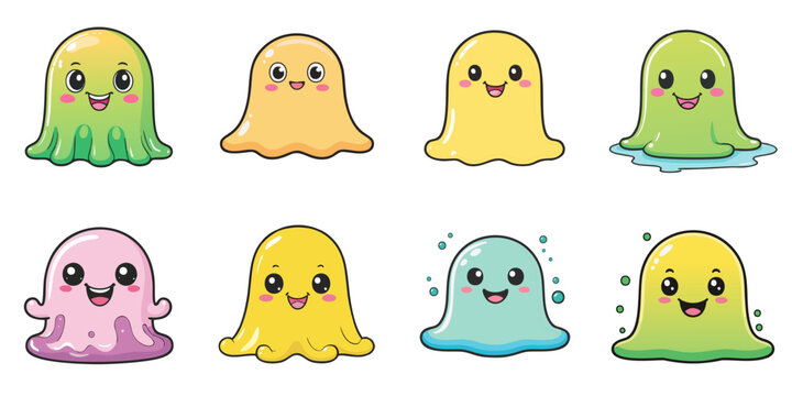Multiple vector illustrations of cute slimes