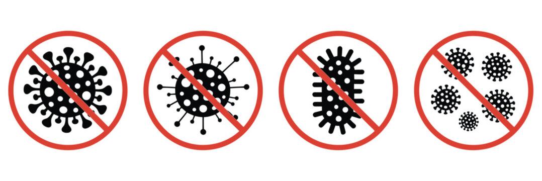 No Virus Infection Icon Set with Stop Germs, Bacteria and Coronavirus Prevention Symbols in Red Warning Circle Design