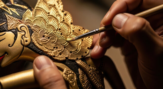 Wayang Kulit Artisan Painting Gold Leaf Detail on Javanese Shadow Puppet