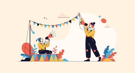 Fototapeta premium Two playful clowns preparing for a circus show with megaphones and colorful bunting flags for entertainment events.